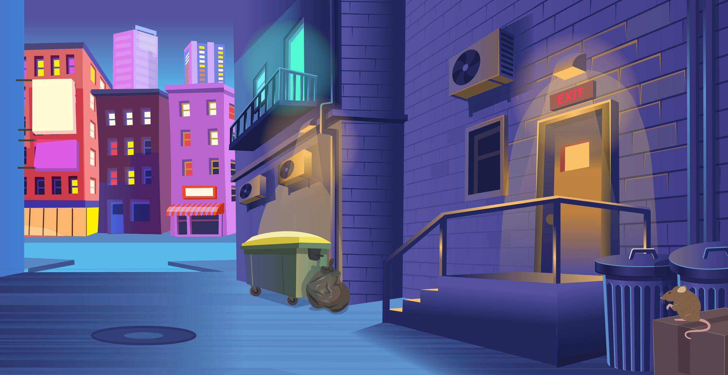 Dark back street alley with a door to a bar, a trash can, a car with an open trunk at night in cartoon style.